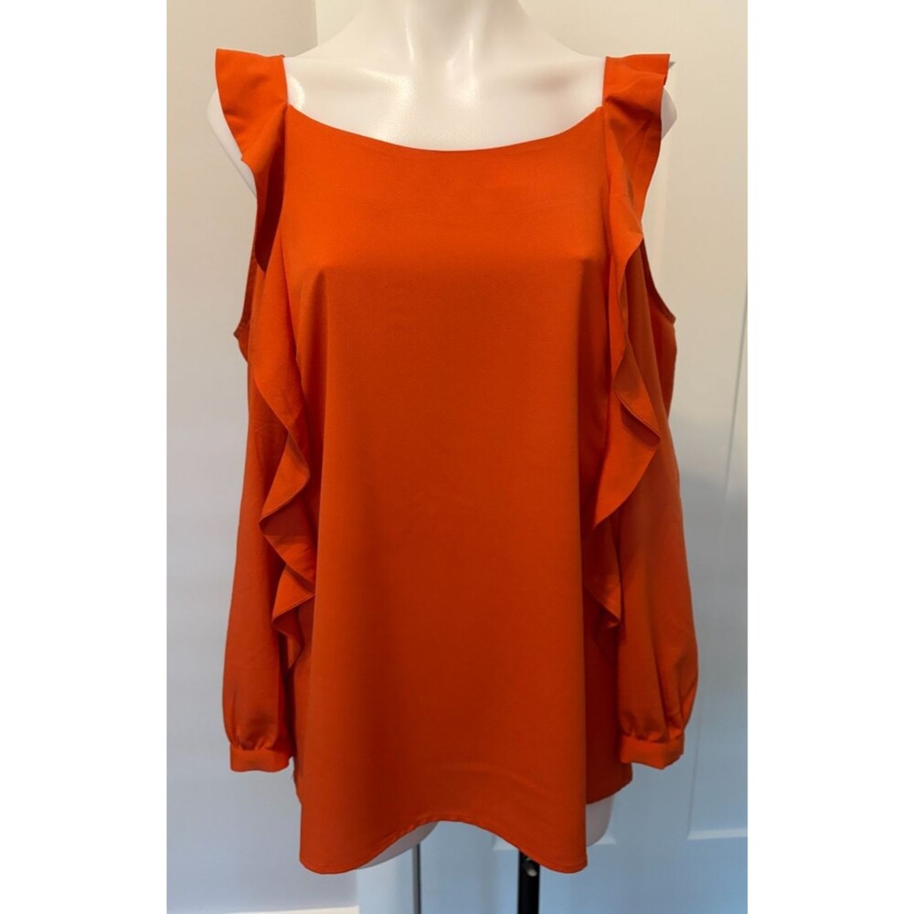CHICOS Womens TOP Long Cold Shoulder Sleeve ORANGE Ruffle Size 1 (M/8)
